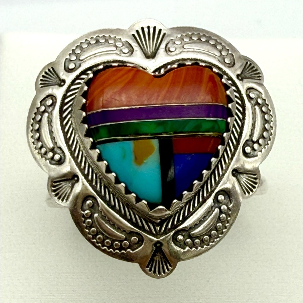 Vintage Q.T.O.  Native American Navajo Sterling Silver 925  Inlay Heart Ring #7